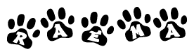 The image shows a series of animal paw prints arranged in a horizontal line. Each paw print contains a letter, and together they spell out the word Raema.