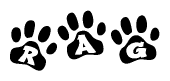 The image shows a series of animal paw prints arranged in a horizontal line. Each paw print contains a letter, and together they spell out the word Rag.