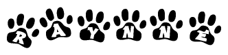 The image shows a series of animal paw prints arranged horizontally. Within each paw print, there's a letter; together they spell Raynne