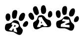The image shows a row of animal paw prints, each containing a letter. The letters spell out the word Raz within the paw prints.