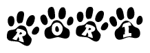 The image shows a row of animal paw prints, each containing a letter. The letters spell out the word Rori within the paw prints.