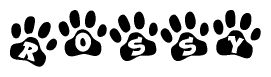 The image shows a series of animal paw prints arranged horizontally. Within each paw print, there's a letter; together they spell Rossy