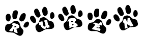The image shows a series of animal paw prints arranged horizontally. Within each paw print, there's a letter; together they spell Rubem