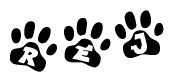 The image shows a row of animal paw prints, each containing a letter. The letters spell out the word Rej within the paw prints.
