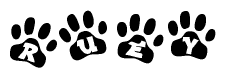 The image shows a series of animal paw prints arranged in a horizontal line. Each paw print contains a letter, and together they spell out the word Ruey.