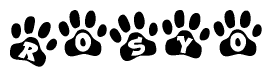 The image shows a row of animal paw prints, each containing a letter. The letters spell out the word Rosyo within the paw prints.