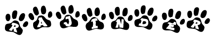 The image shows a series of animal paw prints arranged in a horizontal line. Each paw print contains a letter, and together they spell out the word Rajinder.