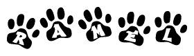 The image shows a series of animal paw prints arranged horizontally. Within each paw print, there's a letter; together they spell Ramel