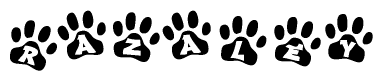 The image shows a series of animal paw prints arranged horizontally. Within each paw print, there's a letter; together they spell Razaley