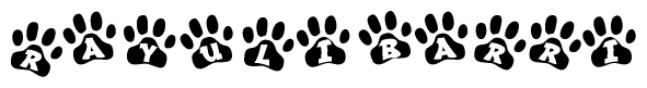 The image shows a series of animal paw prints arranged in a horizontal line. Each paw print contains a letter, and together they spell out the word Rayulibarri.