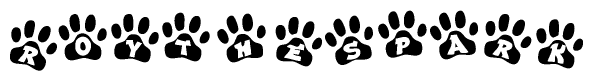 The image shows a series of animal paw prints arranged horizontally. Within each paw print, there's a letter; together they spell Roythespark