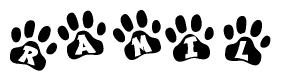 The image shows a series of animal paw prints arranged in a horizontal line. Each paw print contains a letter, and together they spell out the word Ramil.