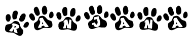 The image shows a row of animal paw prints, each containing a letter. The letters spell out the word Ranjana within the paw prints.