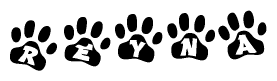The image shows a series of animal paw prints arranged in a horizontal line. Each paw print contains a letter, and together they spell out the word Reyna.