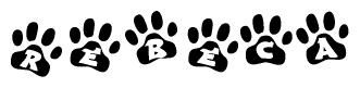 The image shows a row of animal paw prints, each containing a letter. The letters spell out the word Rebeca within the paw prints.