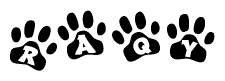 The image shows a series of animal paw prints arranged horizontally. Within each paw print, there's a letter; together they spell Raqy