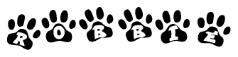 The image shows a series of animal paw prints arranged horizontally. Within each paw print, there's a letter; together they spell Robbie