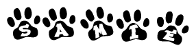 The image shows a series of animal paw prints arranged horizontally. Within each paw print, there's a letter; together they spell Samie