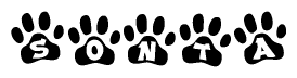 The image shows a row of animal paw prints, each containing a letter. The letters spell out the word Sonta within the paw prints.