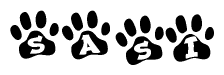 The image shows a row of animal paw prints, each containing a letter. The letters spell out the word Sasi within the paw prints.