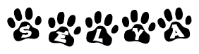 The image shows a series of animal paw prints arranged horizontally. Within each paw print, there's a letter; together they spell Selya