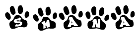 The image shows a row of animal paw prints, each containing a letter. The letters spell out the word Shana within the paw prints.