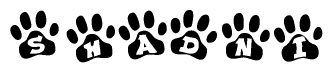 The image shows a series of animal paw prints arranged in a horizontal line. Each paw print contains a letter, and together they spell out the word Shadni.