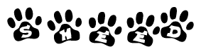 The image shows a series of animal paw prints arranged horizontally. Within each paw print, there's a letter; together they spell Sheed