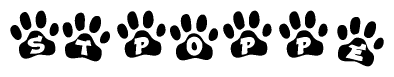 The image shows a row of animal paw prints, each containing a letter. The letters spell out the word Stpoppe within the paw prints.