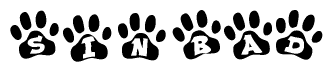The image shows a series of animal paw prints arranged horizontally. Within each paw print, there's a letter; together they spell Sinbad