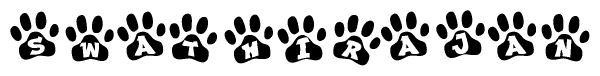 The image shows a series of animal paw prints arranged horizontally. Within each paw print, there's a letter; together they spell Swathirajan