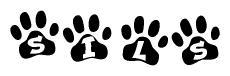 The image shows a series of animal paw prints arranged horizontally. Within each paw print, there's a letter; together they spell Sils