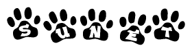 The image shows a series of animal paw prints arranged horizontally. Within each paw print, there's a letter; together they spell Sunet