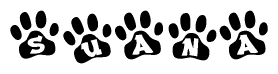 The image shows a row of animal paw prints, each containing a letter. The letters spell out the word Suana within the paw prints.