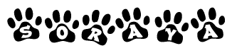 The image shows a series of animal paw prints arranged in a horizontal line. Each paw print contains a letter, and together they spell out the word Soraya.