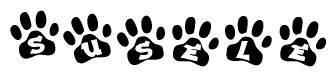 The image shows a series of animal paw prints arranged horizontally. Within each paw print, there's a letter; together they spell Susele