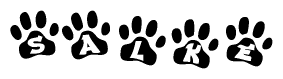 The image shows a series of animal paw prints arranged in a horizontal line. Each paw print contains a letter, and together they spell out the word Salke.