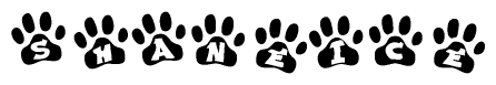 The image shows a row of animal paw prints, each containing a letter. The letters spell out the word Shaneice within the paw prints.