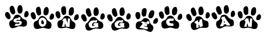 The image shows a row of animal paw prints, each containing a letter. The letters spell out the word Songgechan within the paw prints.