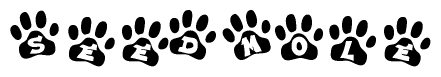 The image shows a row of animal paw prints, each containing a letter. The letters spell out the word Seedmole within the paw prints.