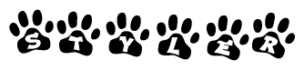 The image shows a series of animal paw prints arranged horizontally. Within each paw print, there's a letter; together they spell Styler