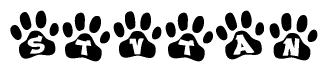 The image shows a row of animal paw prints, each containing a letter. The letters spell out the word Stvtan within the paw prints.