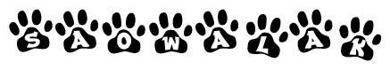 The image shows a series of animal paw prints arranged in a horizontal line. Each paw print contains a letter, and together they spell out the word Saowalak.