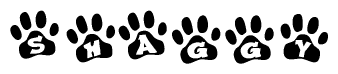The image shows a series of animal paw prints arranged in a horizontal line. Each paw print contains a letter, and together they spell out the word Shaggy.
