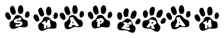 The image shows a row of animal paw prints, each containing a letter. The letters spell out the word Shaperah within the paw prints.