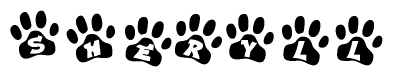 The image shows a row of animal paw prints, each containing a letter. The letters spell out the word Sheryll within the paw prints.