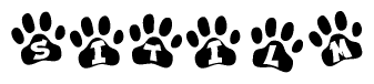 The image shows a series of animal paw prints arranged in a horizontal line. Each paw print contains a letter, and together they spell out the word Sitilm.