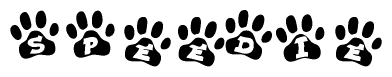 The image shows a series of animal paw prints arranged horizontally. Within each paw print, there's a letter; together they spell Speedie