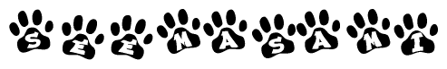 The image shows a series of animal paw prints arranged horizontally. Within each paw print, there's a letter; together they spell Seemasami