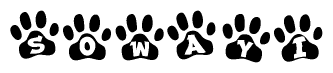 The image shows a row of animal paw prints, each containing a letter. The letters spell out the word Sowayi within the paw prints.